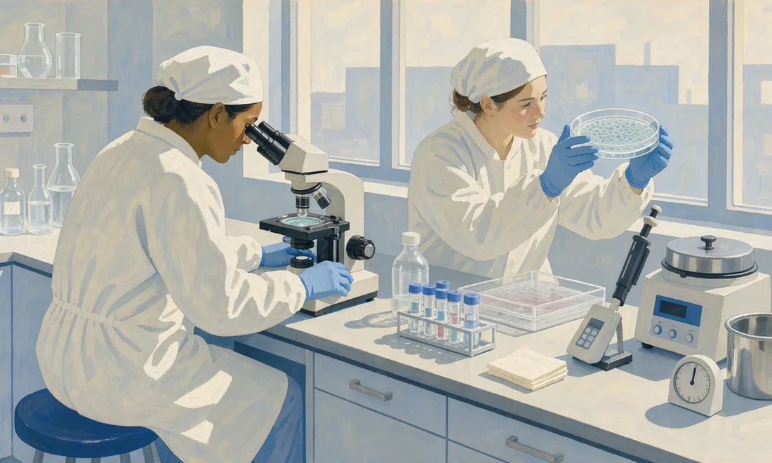 Two technicians examine a culture dish beside a microscope on a pale blue bench