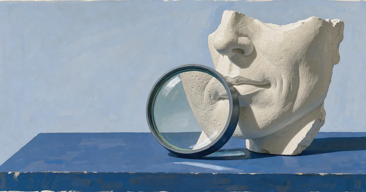 An optical lens magnifies the texture of a plaster cheek cast