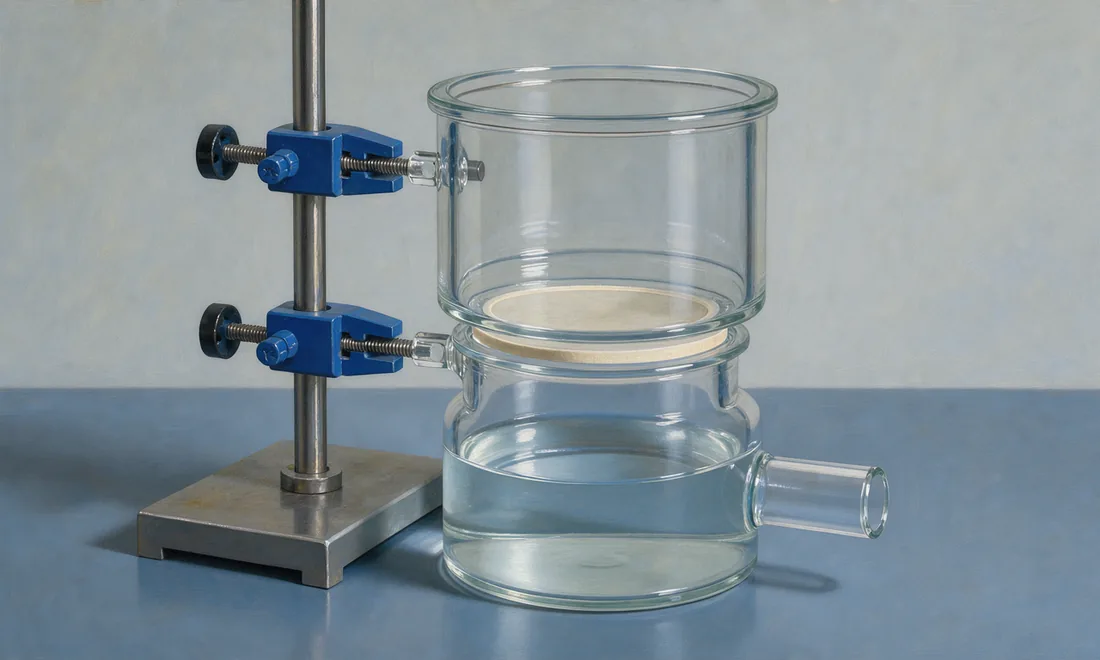 A glass diffusion cell holds a pale membrane between upper and lower compartments